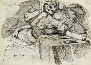 Una mujer desmayada en una mesa de escritura, con una figura amenazante detrás de Johann Heinrich Füssli