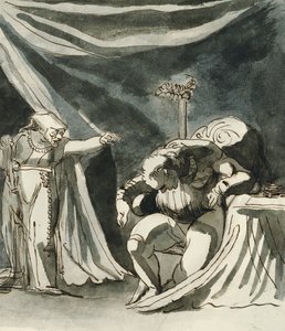 Una anciana con un rosario maldiciendo a un hombre sentado; posiblemente la reina Margarita maldiciendo al duque de Gloucester de Johann Heinrich Füssli