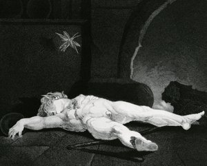 Puck durmiendo ante el hogar campestre, grabado por Moses Haughton Jr. de Johann Heinrich Füssli