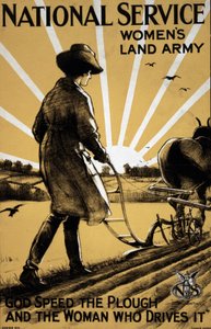 Primera Guerra Mundial: “Una joven arando la tierra” cartel de propaganda para el ejército de mujeres de la tierra 1917. Ilustración de Henry George Gawthorn (1879-1941)