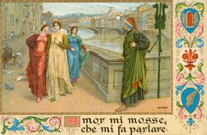 Poeta italiano Dante Alighieri y Beatrice Portinari (chromolitho)