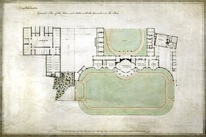 Brighthelmstone, o Pabellón de Brighton - plano general de la casa y establos con terrenos, mostrando la extensión por el arquitecto Henry Holland (1745-1806), c.1801 de Henry Holland