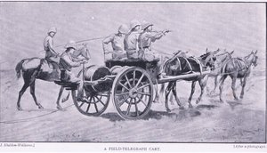 Un carro de telégrafo de campo, de Después de Pretoria: La Guerra de Guerrillas publicado por Harmsworth Bros Limited, 1901 de Henry Inglis Jodrel Sheldon Williams