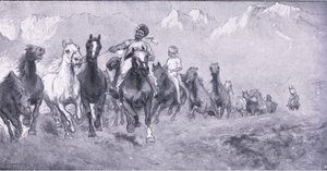 Coolies indios llevando caballos a Stellens bosch, de Después de Pretoria: La Guerra de Guerrillas publicado por Harmsworth Bros Limited, 1901 de Henry Inglis Jodrel Sheldon Williams