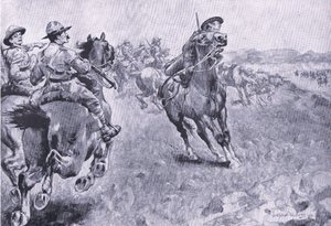 La carrera por el control de la carretera de Philips Town, de Después de Pretoria: La Guerra de Guerrillas publicado por Harmsworth Bros Limited, 1901