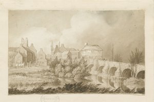 Puente y ciudad de Burton-upon-Trent: dibujo en sepia, nd [c 1840] de Henry James Noyes