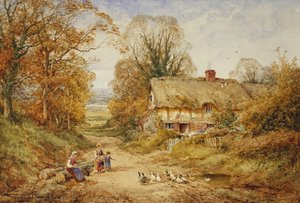 Niños dando de comer a los patos junto a una casa de campo en una calle arbolada de Henry John Sylvester Stannard