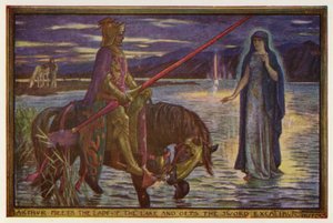 Arthur conoce a la Dama del Lago y obtiene la espada Excalibur (litografia en color)