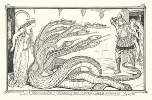Bensurdatu ataca a la serpiente de siete cabezas (grabado)