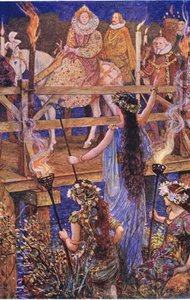 Elizabeth es recibida por la dama de la isla flotante, ilustración de Kenilworth, c.1910