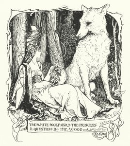 El lobo blanco hace una pregunta a la princesa en el bosque