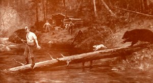 Oso se acerca a pescadores en el bosque de Henry Marriott Paget