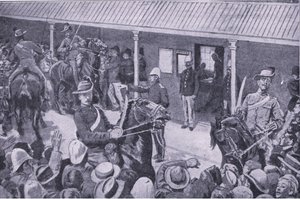 Refuerzos coloniales para Sudáfrica: Una avalancha de solicitantes para enrolarse en Sídney, de Después de Pretoria: La Guerra de Guerrillas publicado por Harmsworth Bros Limited, 1901 de Henry Marriott Paget