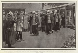 Funeral de la Reina Victoria, el Rey y los dolientes reales saludando mientras el ataúd era llevado al tren en Paddington