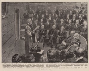 Sir William MacCormac dando la Oración Hunteriana ante el Príncipe de Gales