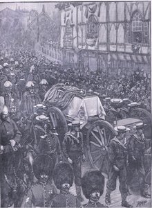 El funeral de la Reina, la última etapa, ilustración de la Historia de Inglaterra de Cassell, 1900s de Henry Marriott Paget