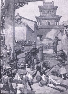 La guerra en China: La lucha en Tientsin, ilustración de la Historia de Inglaterra de Cassell, 1900s de Henry Marriott Paget