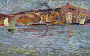 El puerto de Marsella, el puerto viejo y la "Buena Madre" (Cathedrale Notre Dame de la Garde). Pintura de Henri Martin (1835-1908). Óleo sobre lienzo. Dimensiones: 38x61cm. Mención obligatoria: Colección fondation regards de Provence, Marsella