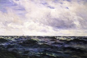 Paisaje marino, con una señal de barco a la izquierda, y un cúter representado en plena regata a la derecha, ambos representados a gran distancia. de Henry Moore