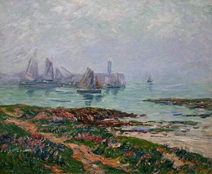 Escena costera con barcos de pesca de Henry Moret