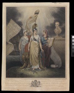 Placa conmemorativa de la abolición de la trata de esclavos, 4 de junio de 1808 (grabado coloreado a mano) de Henry Moses