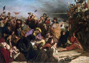 Despedida de inmigrantes, en un muelle del Támesis (Inglaterra), descripción de grupos de personas de todas las edades y clases sociales, así como de los marineros con camisas rojas y azules en el barco saludando a la multitud. de Henry Nelson O