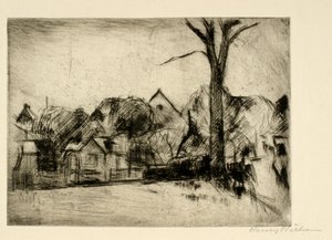Paisaje con árbol alto y casas