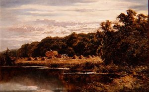 Cosechadores en un campo junto a un río