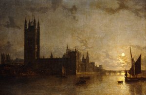 Abadía de Westminster, las Casas del Parlamento con la construcción del Puente de Westminster, 1859