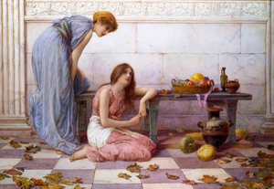 "Flores y frutas" Mujeres drapeadas con expresiones melancólicas en el patio de una villa antigua. Pintura de Henry Ryland (1856-1924)