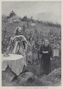 Un servicio religioso en un campamento de Orozhanni (litografía)