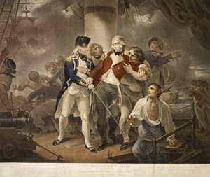 Capt. Trollope en el Glatton de 54 Carronades enfrentando a un escuadrón francés de 8 barcos de guerra con 230 cañones, grabado por James Daniell, 1797 de Henry Singleton