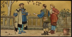 La Justicia, placa que representa una ilustración de Las Siete Edades de Shakespeare, Minton ware, Staffordshire, 1874 de Henry Stacey after Marks