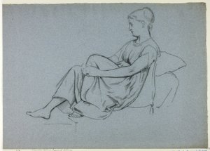 Mujer descansando contra las almohadas agarrándose la rodilla de Henry Stacy Marks