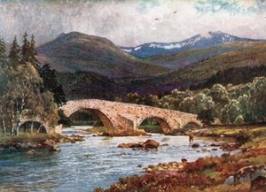 Old Mar Bridge y Lochnagar, Aberdeenshire (litografía en color)