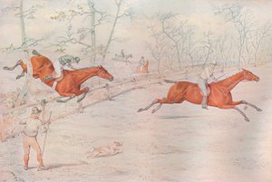 Una carrera de obstáculos: Cubriendo una fuerte valla de bueyes. ¡Caído por cien!, 1927 de Henry Thomas Alken