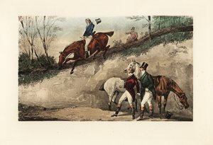 Caballero inglés a caballo dando un salto desde un terraplén empinado de Henry Thomas Alken