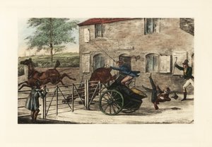 Caballeros ingleses en un carruaje de dos caballos tratando de saltar una barrera de peaje. de Henry Thomas Alken