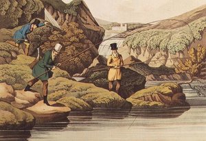 Pesca de salmón, acuatinte por I. Clark, pub. por Thomas McLean, 1820