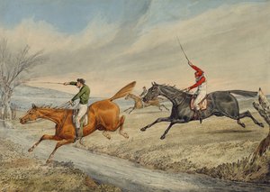 Carrera de obstáculos: Tres jinetes cruzando un arroyo de Henry Thomas Alken