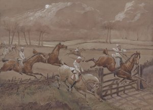 El último campo cerca de Nacton Heath, lámina 3, de The First Steeple Chase on Record, grabado por J. Harris, impreso por Ackermann, Londres en 1839 de Henry Thomas Alken