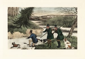 Caballeros victorianos cazando patos con armas y perros en un congelado de Henry Thomas Alken