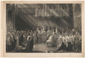 Coronación de la Reina Victoria de Inglaterra. A George Hayter, dirección de Graves y Warmsby. Se adjunta boceto xilográfico y leyenda de Henry Thomas Ryall