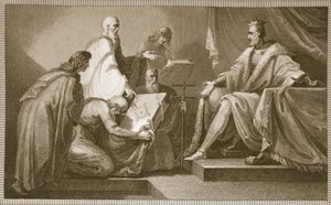 Libro del Juicio Final presentado a Guillermo I, grabado por J. Fittler, ilustración de 