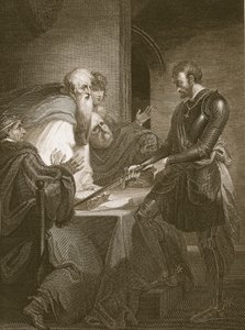 Earl Warenne justificando los títulos de sus propiedades, grabado por J. Fittler, ilustración de 