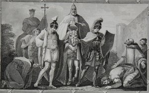 Henry y Lewis conduciendo al Papa al castillo de Torci, grabado por Saunders, ilustración de 