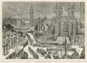 El jubileo de Su Majestad la Reina - llegada del carruaje de la Reina a la Abadía de Westminster de Henry William Brewer