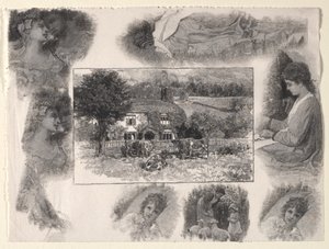 Paisaje con cabaña y vacas rodeado de varios bocetos