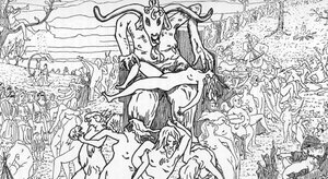 Representación de una escena de Sabbath montada por brujas presididas por satanás dando lugar a orgías (sabbath gathering) Dibujo de Henry de Malvost a partir de "Satanismo y magia" de Jules Bois 1895 Colección particular Â