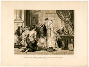 La reluctancia de Lady Jane Grey a aceptar la corona, siglo XIX de Herbert Bourne